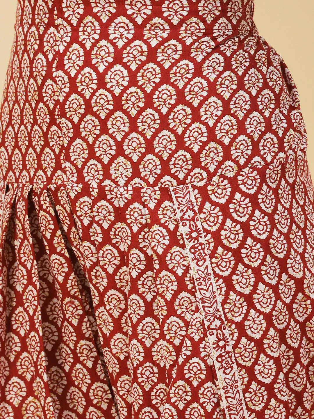 Ethnic Printed A-Line Kurta with Dhoti Pant - Maroon