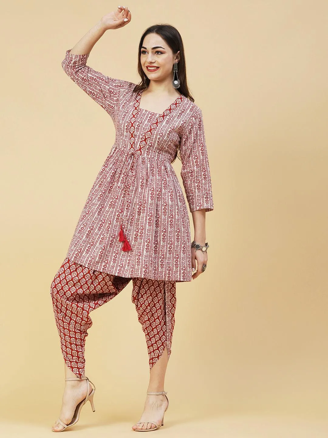 Ethnic Printed A-Line Kurta with Dhoti Pant - Maroon