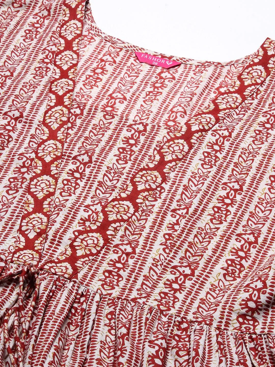 Ethnic Printed A-Line Kurta with Dhoti Pant - Maroon