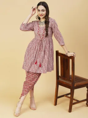 Ethnic Printed A-Line Kurta with Dhoti Pant - Maroon