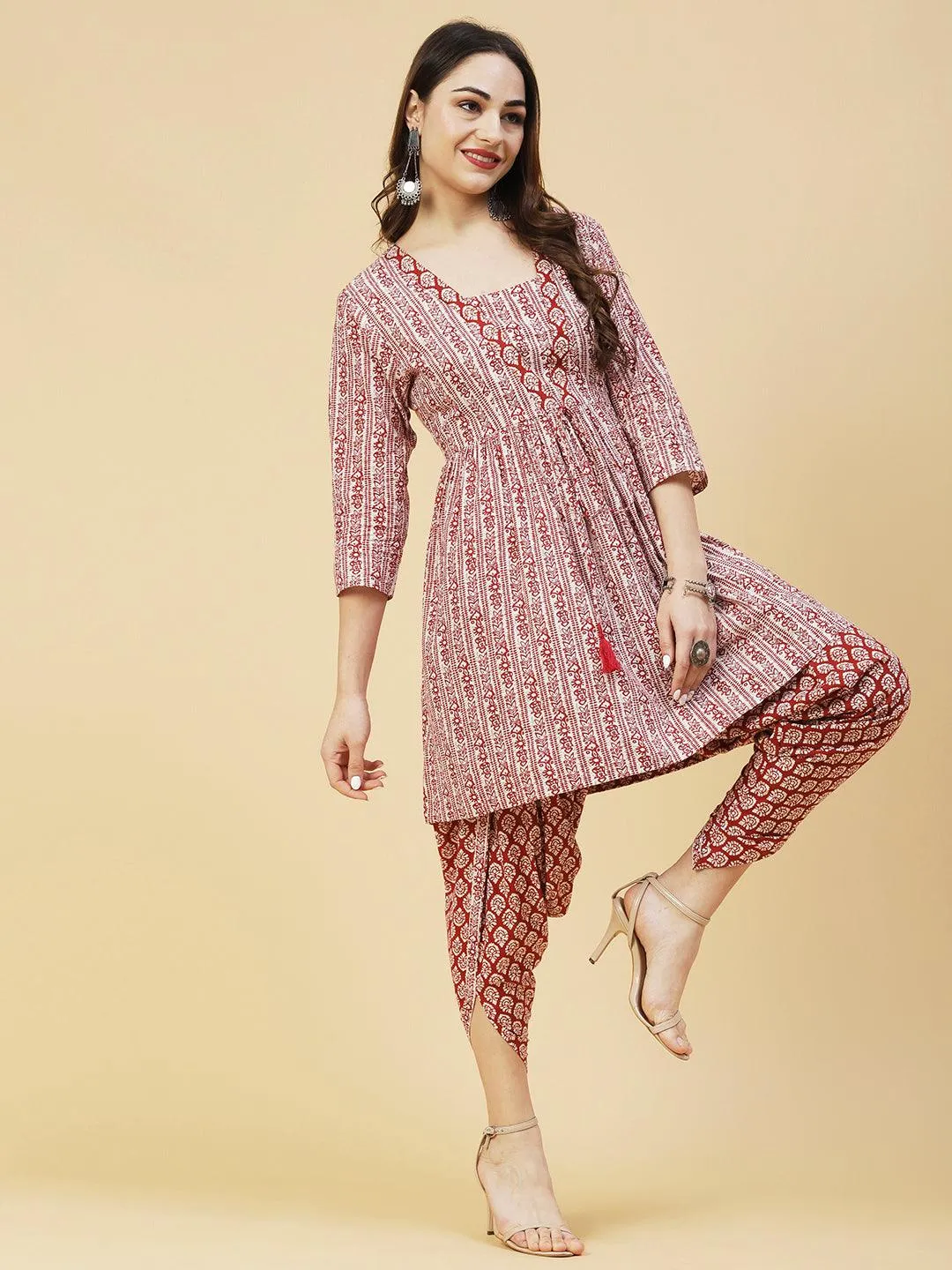 Ethnic Printed A-Line Kurta with Dhoti Pant - Maroon