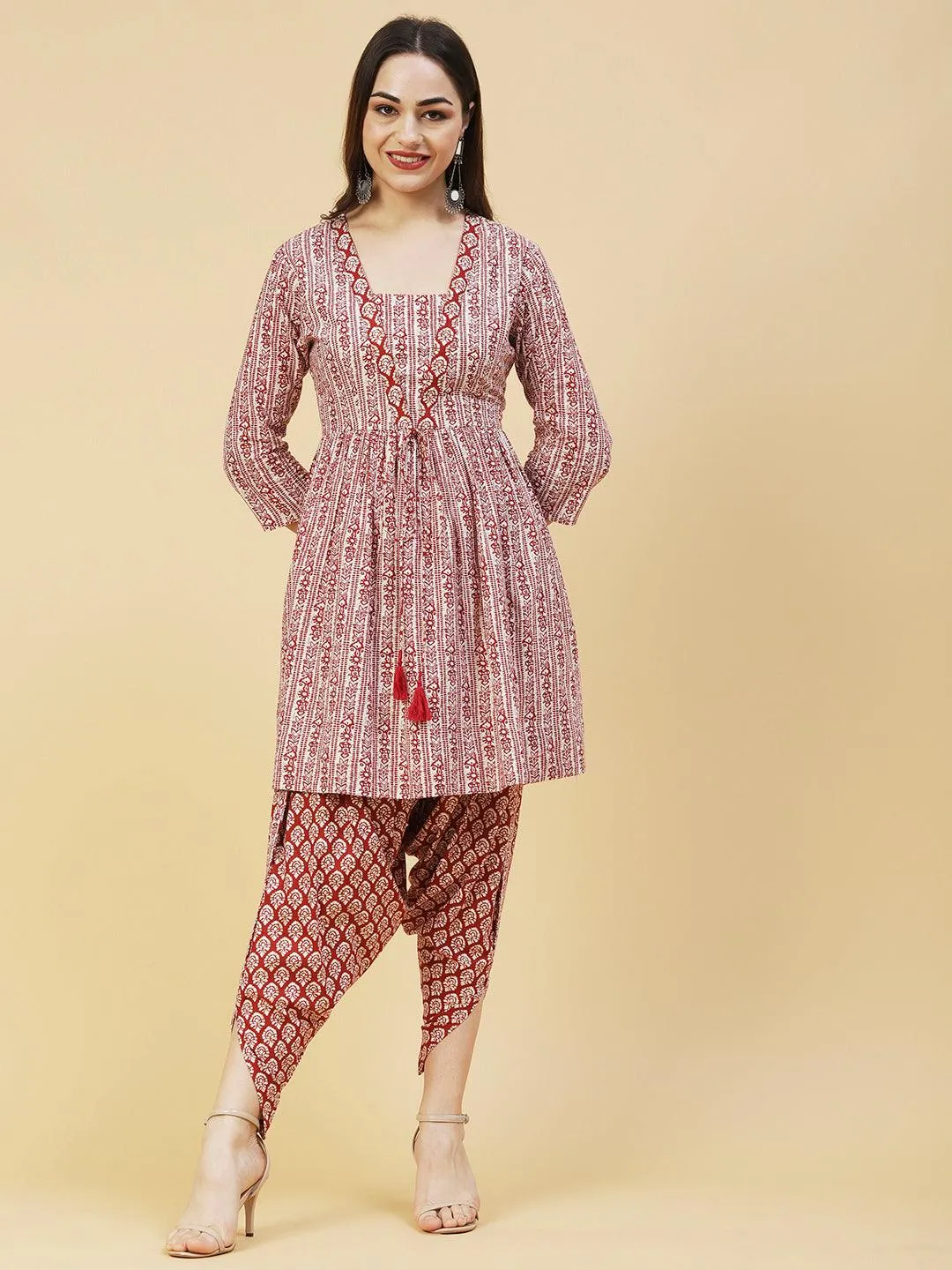 Ethnic Printed A-Line Kurta with Dhoti Pant - Maroon