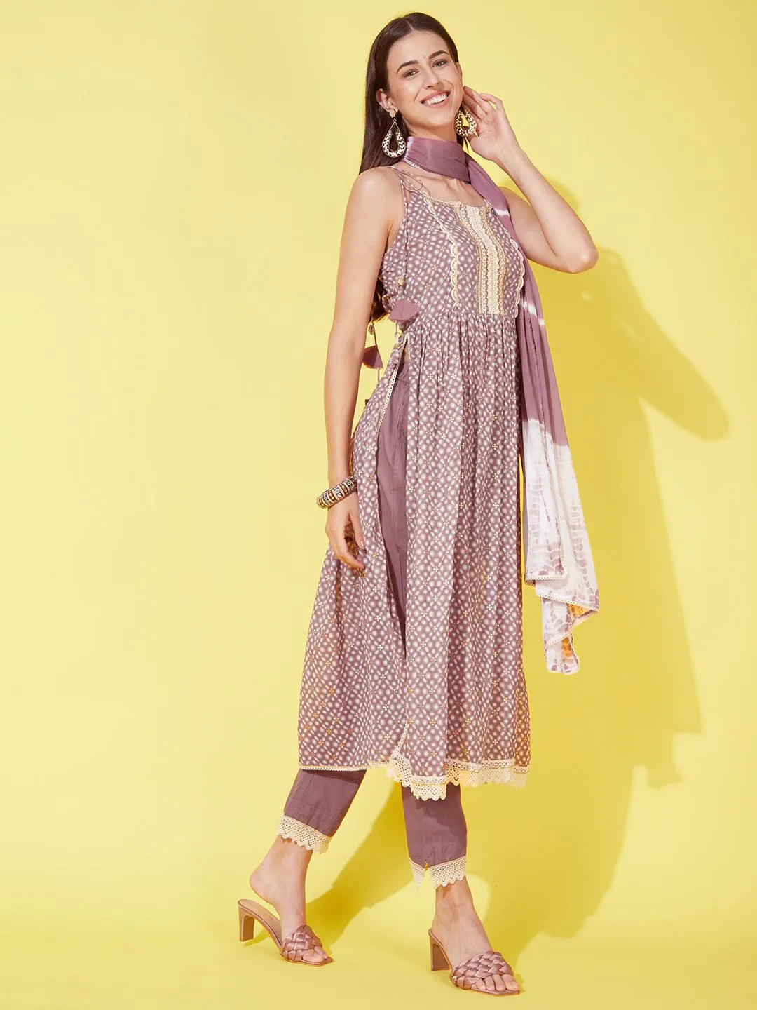 Ethnic Printed & Embroidered A-Line Kurta with Pants & Dupatta - Mauve