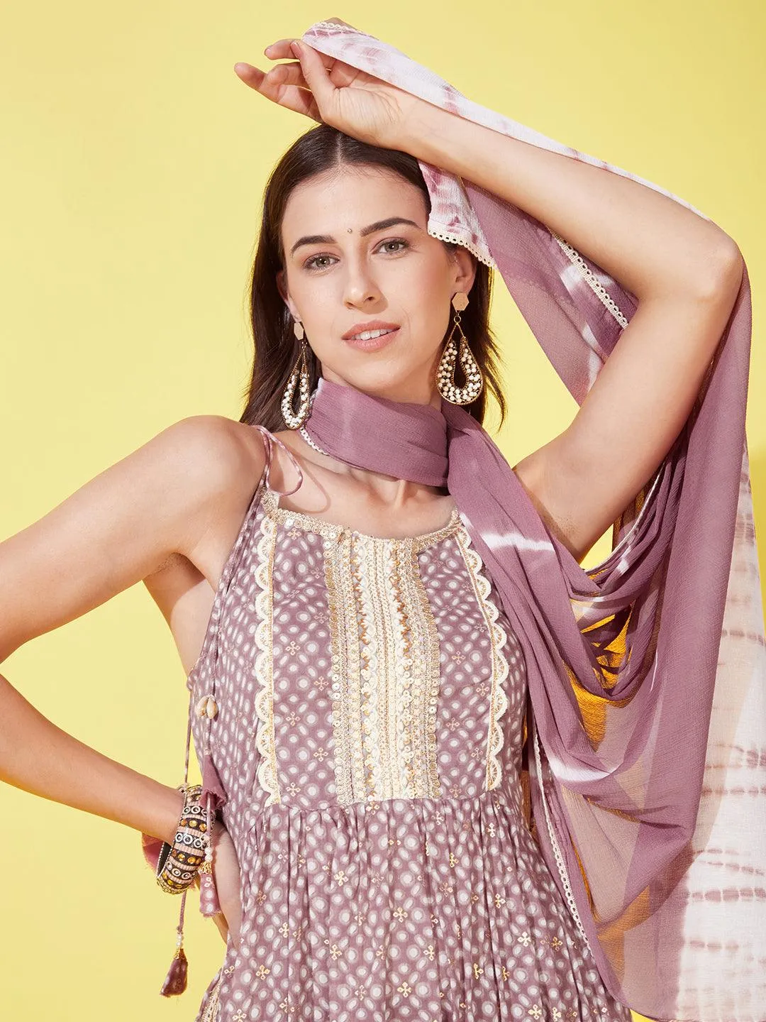 Ethnic Printed & Embroidered A-Line Kurta with Pants & Dupatta - Mauve