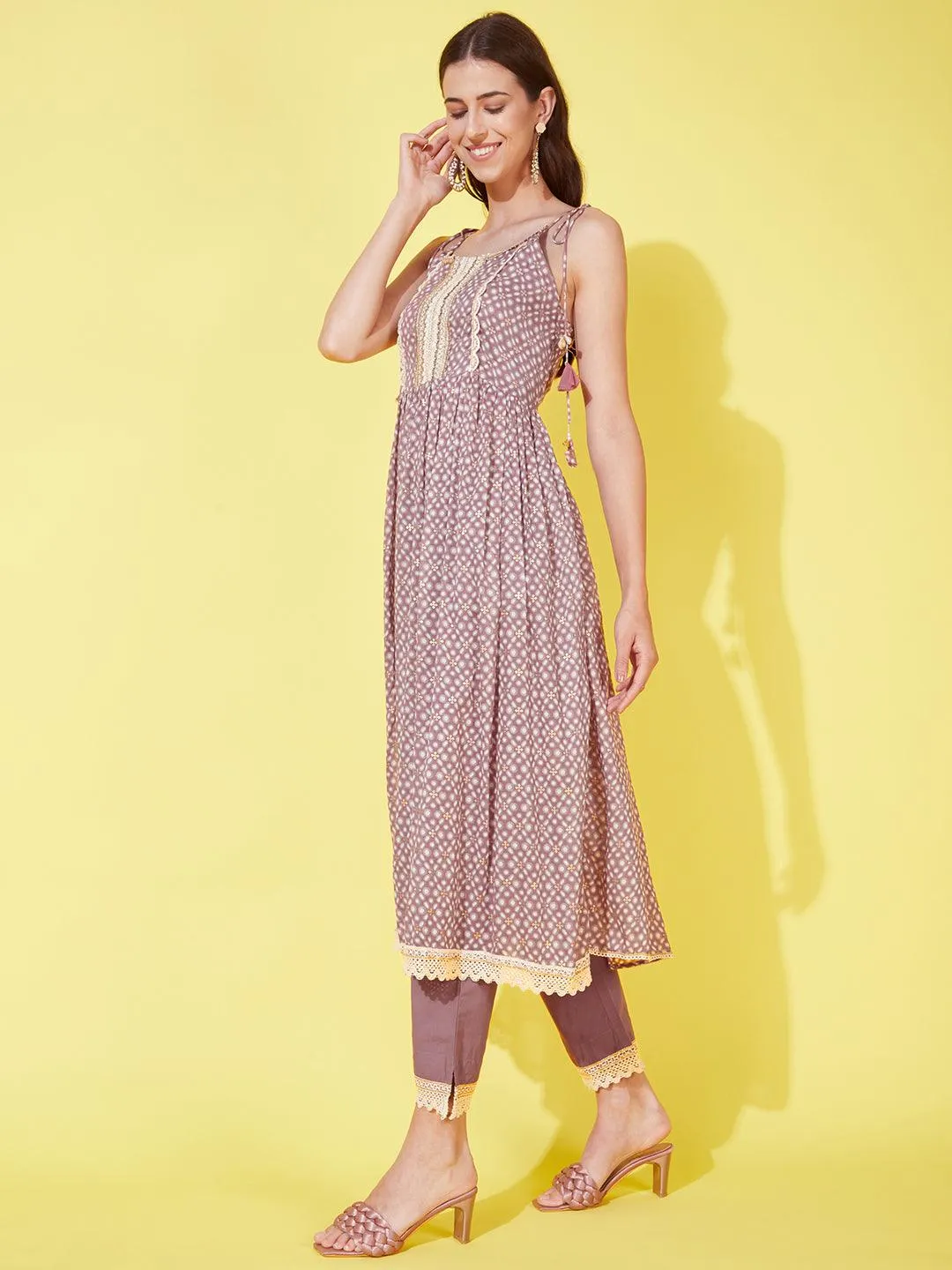 Ethnic Printed & Embroidered A-Line Kurta with Pants & Dupatta - Mauve