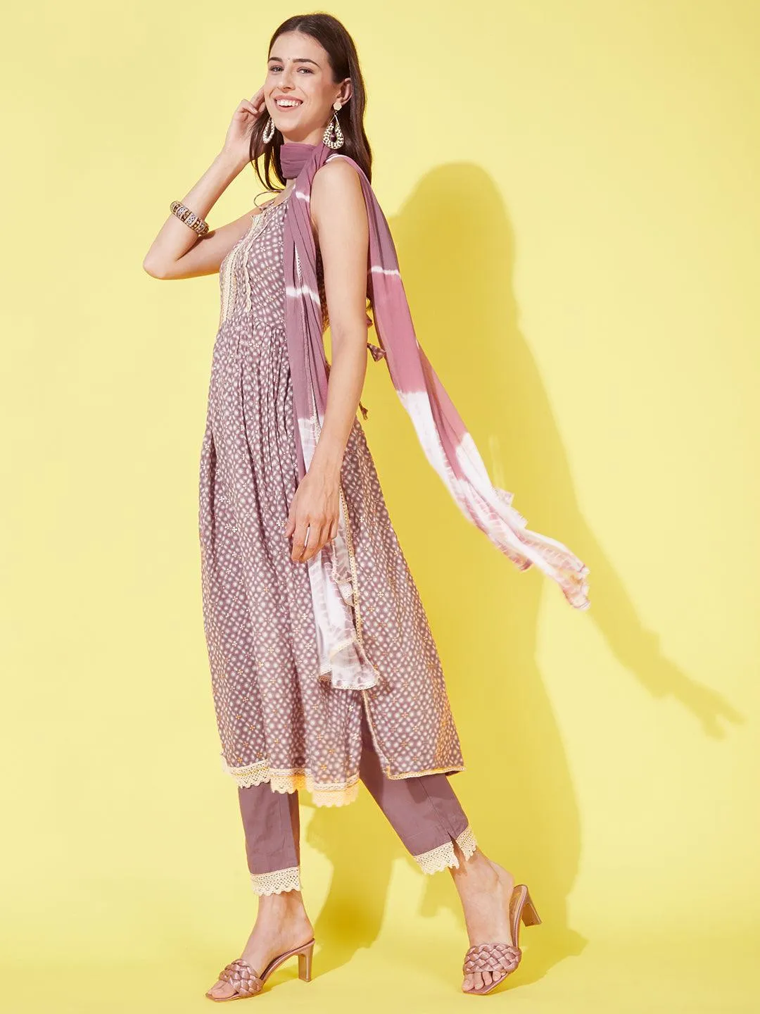 Ethnic Printed & Embroidered A-Line Kurta with Pants & Dupatta - Mauve