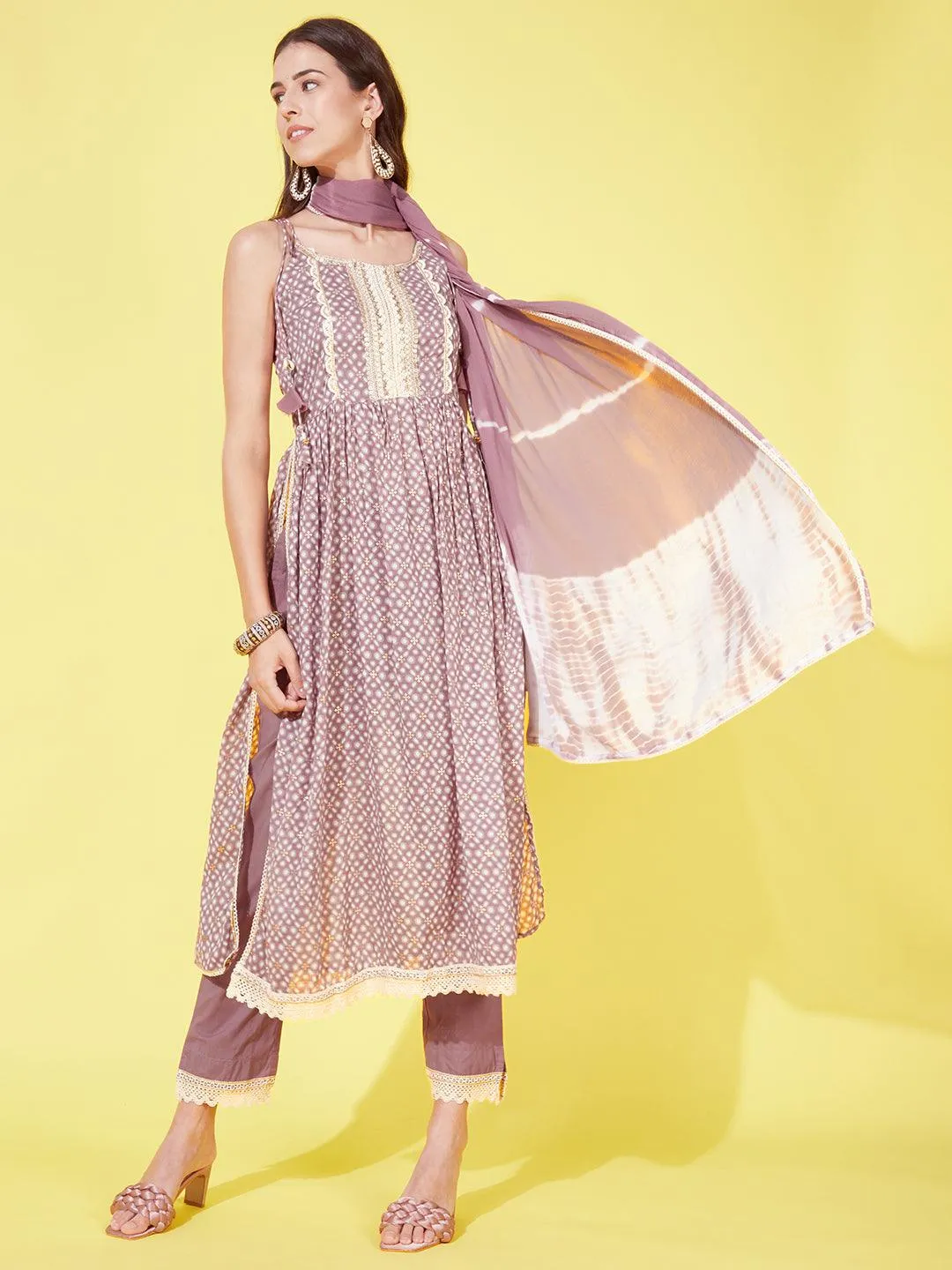 Ethnic Printed & Embroidered A-Line Kurta with Pants & Dupatta - Mauve