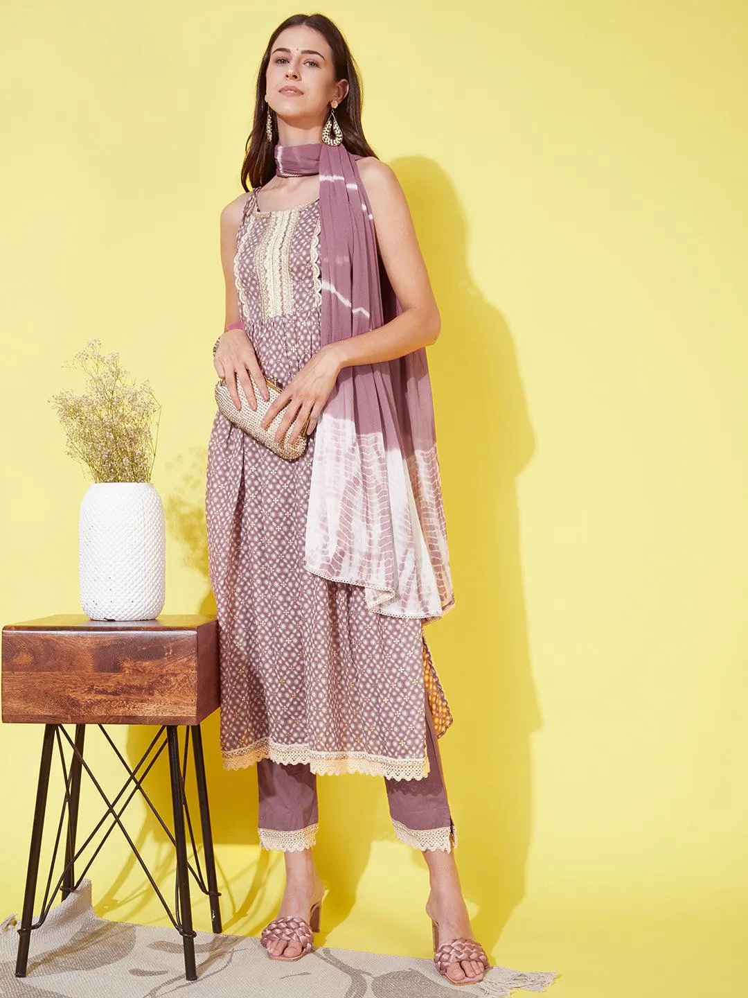 Ethnic Printed & Embroidered A-Line Kurta with Pants & Dupatta - Mauve