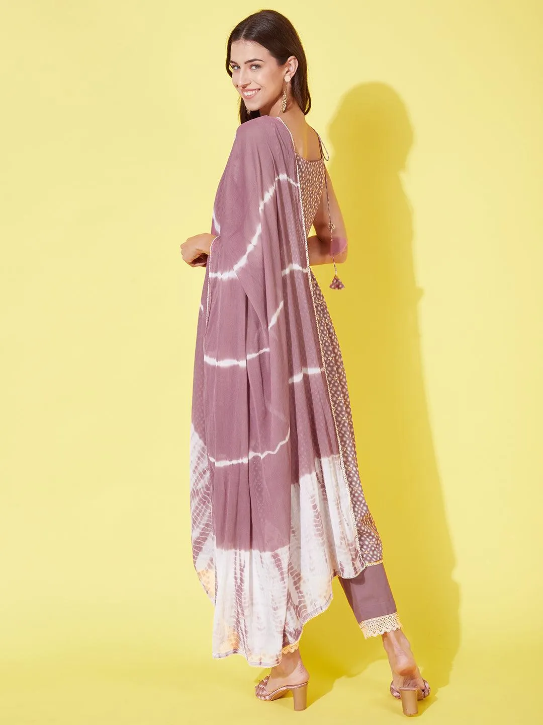 Ethnic Printed & Embroidered A-Line Kurta with Pants & Dupatta - Mauve