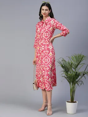 Ethnic Tribal Printed A-Line Midi Dress - Pink