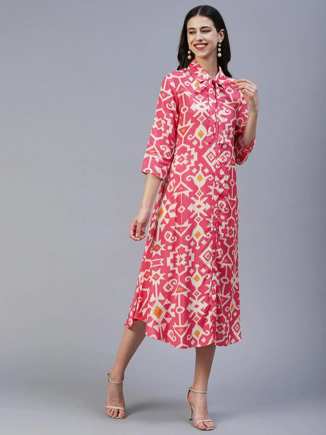 Ethnic Tribal Printed A-Line Midi Dress - Pink