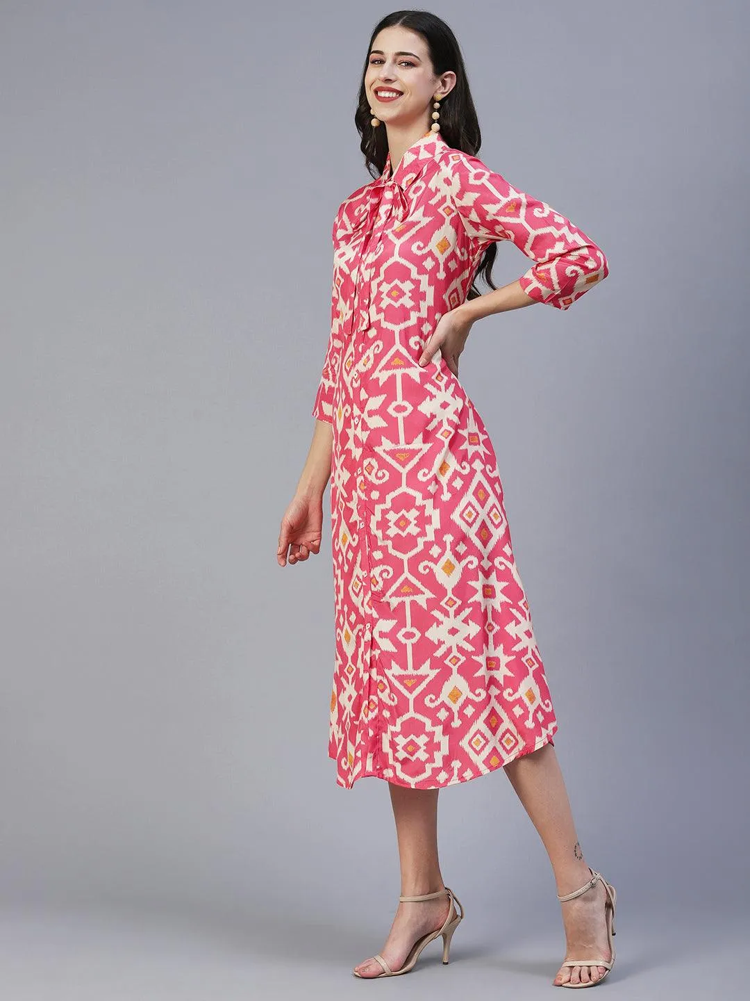 Ethnic Tribal Printed A-Line Midi Dress - Pink