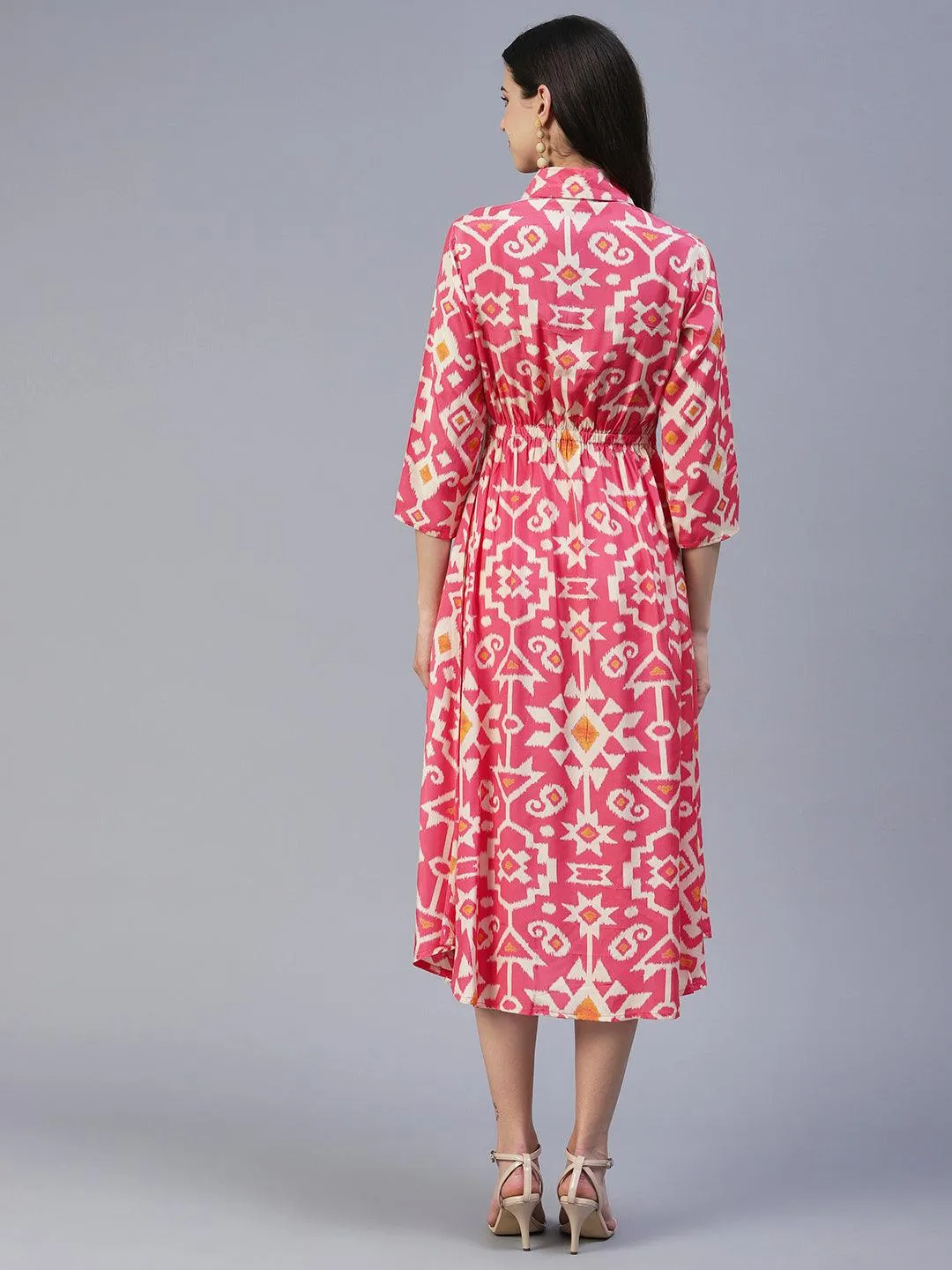 Ethnic Tribal Printed A-Line Midi Dress - Pink