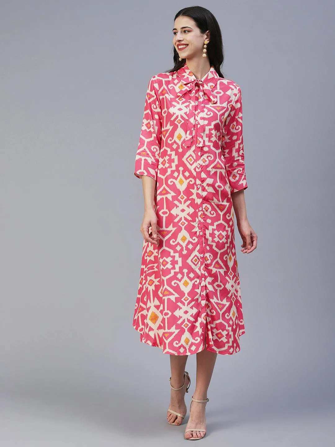 Ethnic Tribal Printed A-Line Midi Dress - Pink