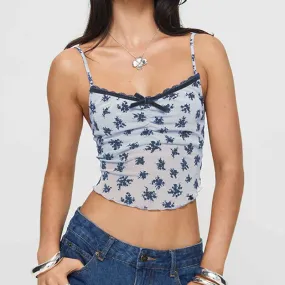 Fashion Printed Sexy Mesh Top Camisole Lace Trim Bow Transparent Slim Folds Summer Cropped Top Female Y2K Clothes New