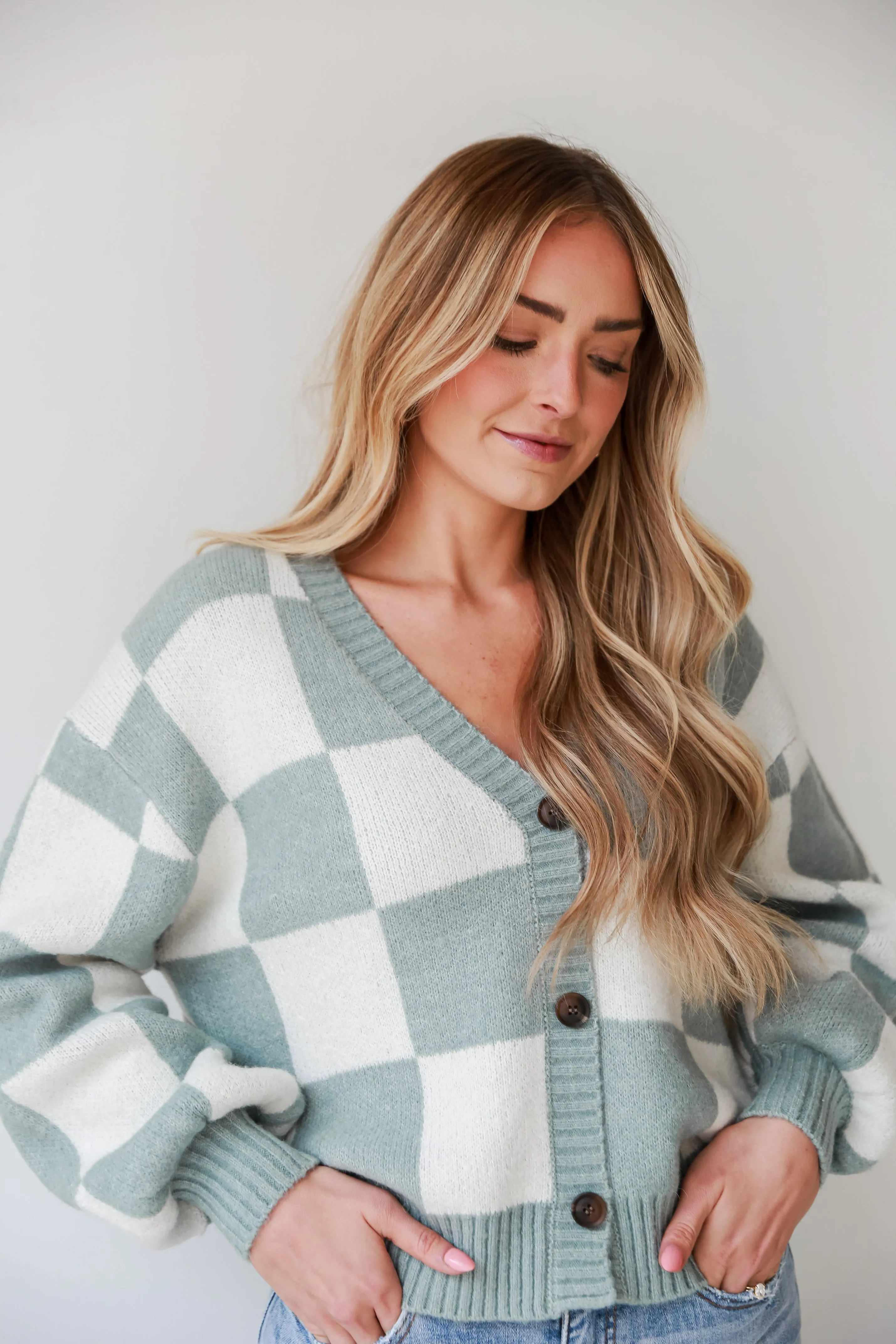 FINAL SALE - Victoria Sage Checkered Sweater Cardigan - DOORBUSTER