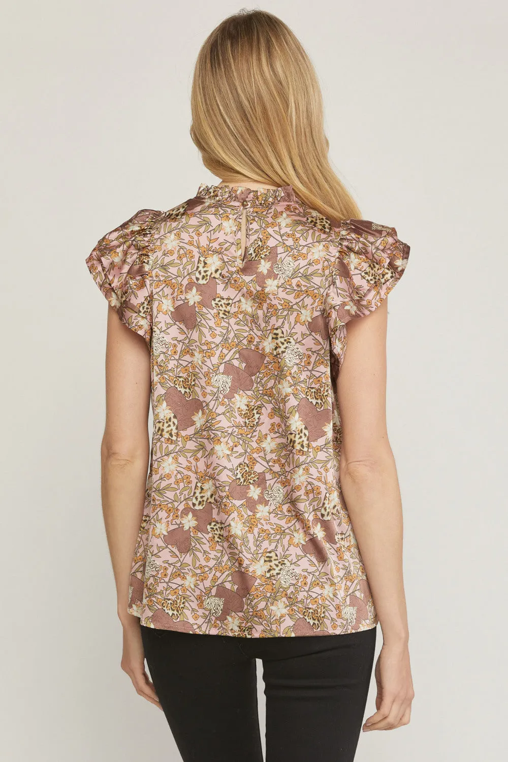 Floral & Leopard Ruffle Top, Mauve