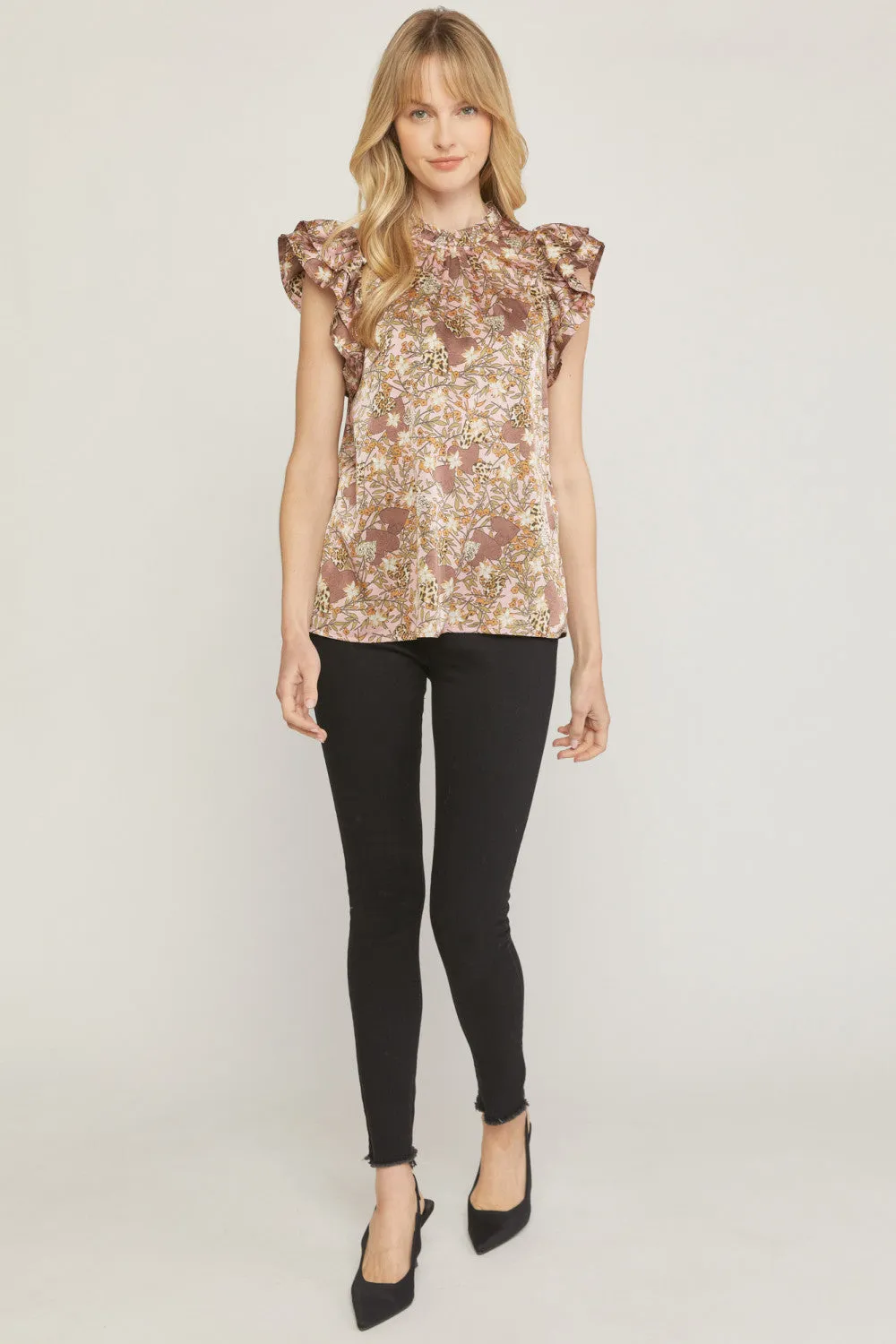 Floral & Leopard Ruffle Top, Mauve