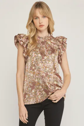 Floral & Leopard Ruffle Top, Mauve