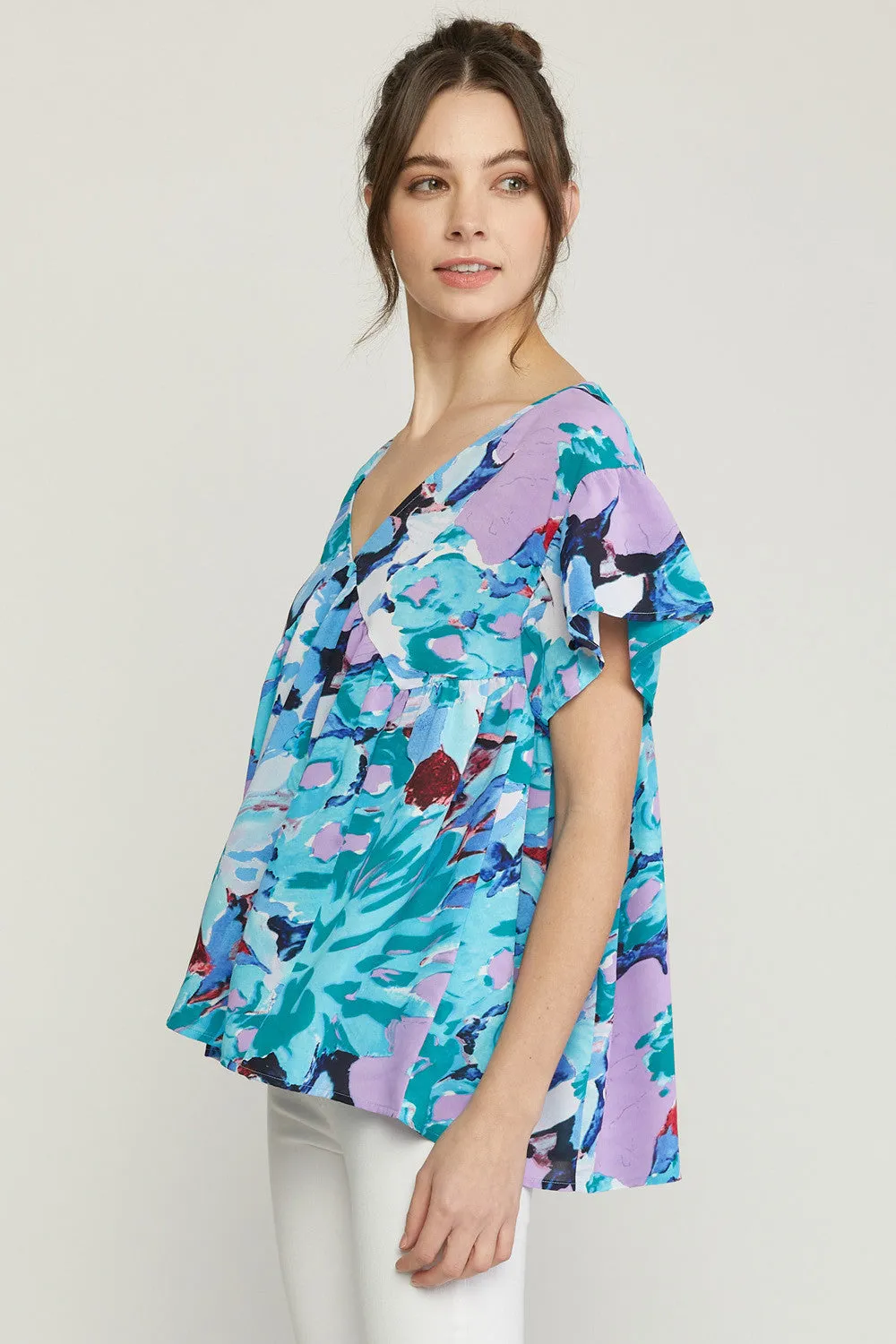 Floral Babydoll Ruffle Sleeve Top, Blue