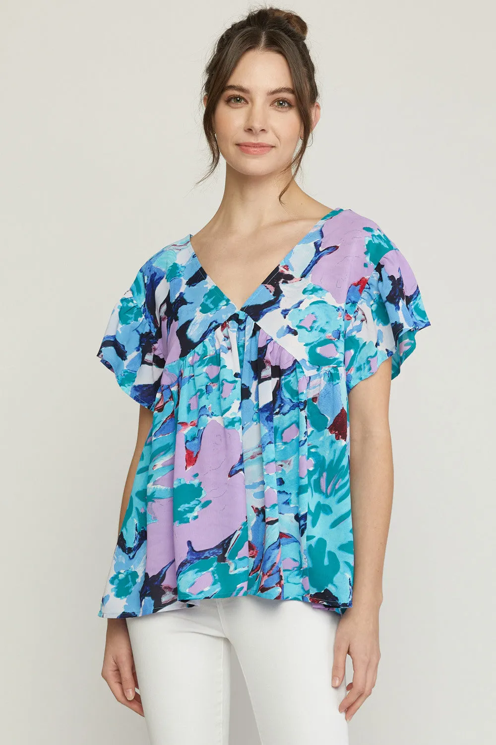 Floral Babydoll Ruffle Sleeve Top, Blue