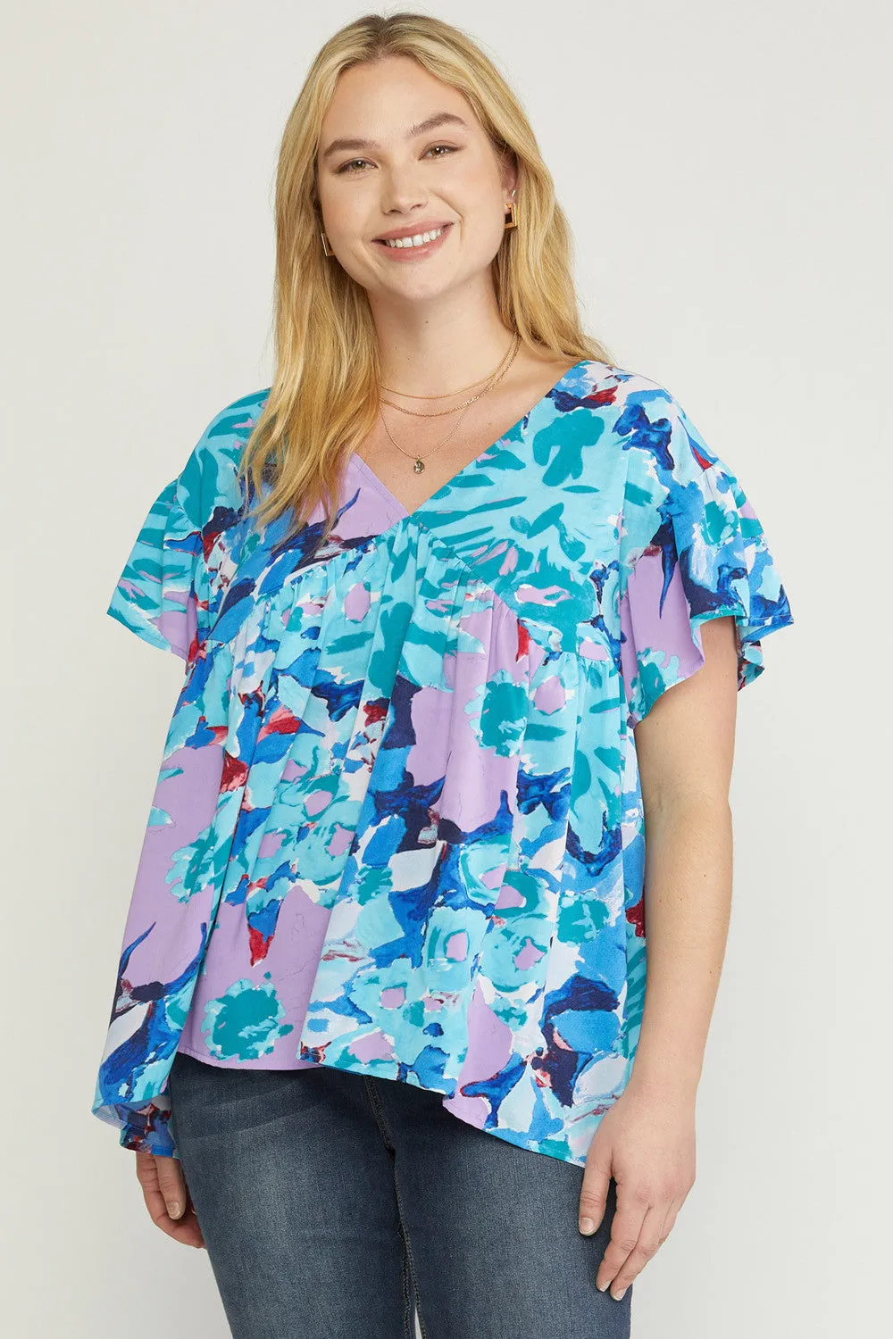 Floral Babydoll Ruffle Sleeve Top, Blue