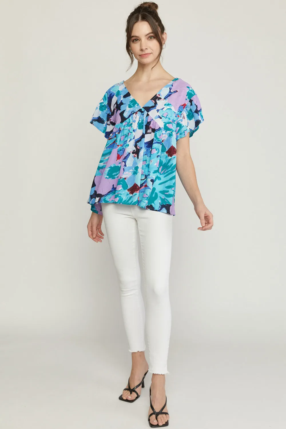 Floral Babydoll Ruffle Sleeve Top, Blue