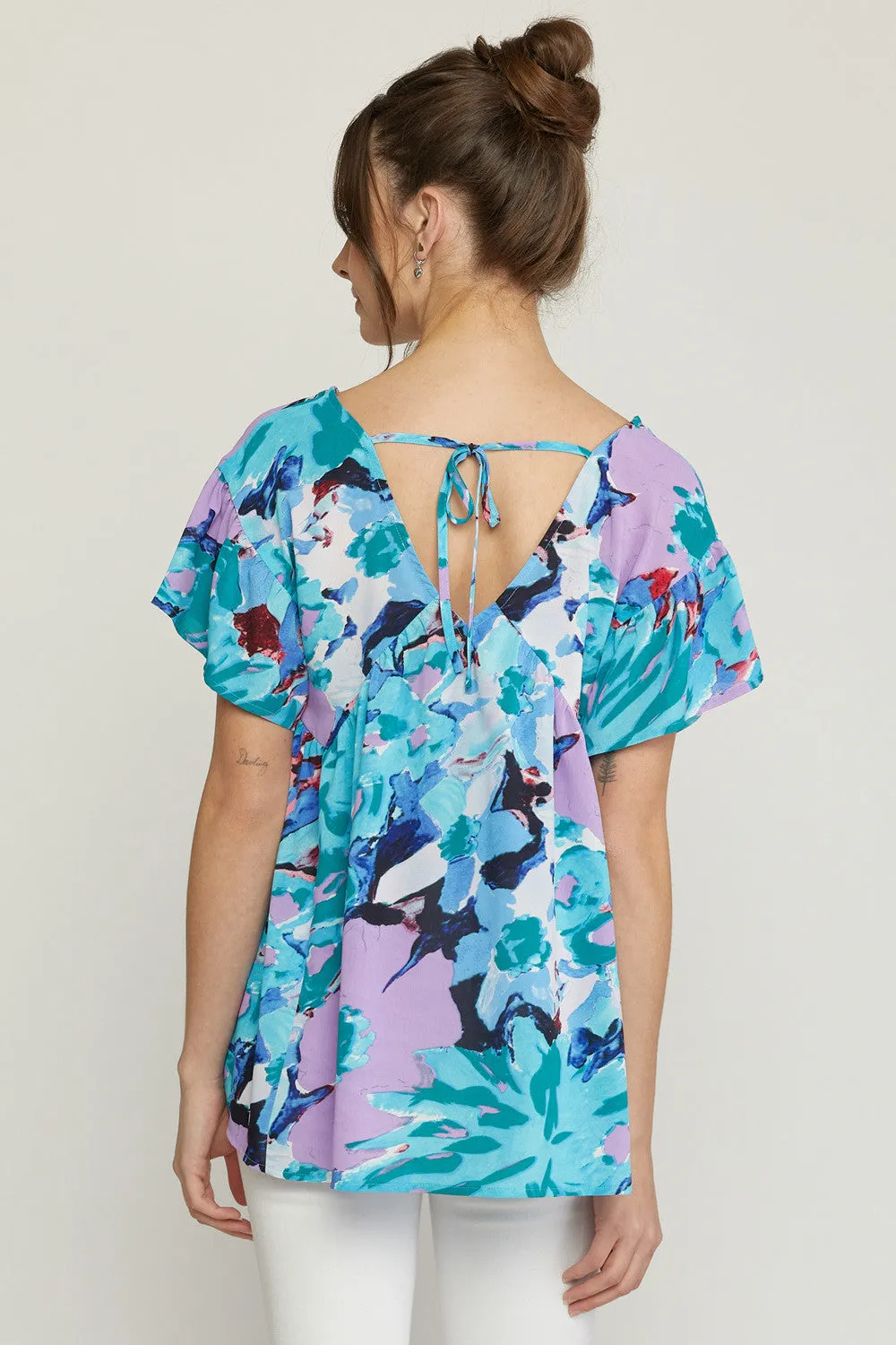 Floral Babydoll Ruffle Sleeve Top, Blue