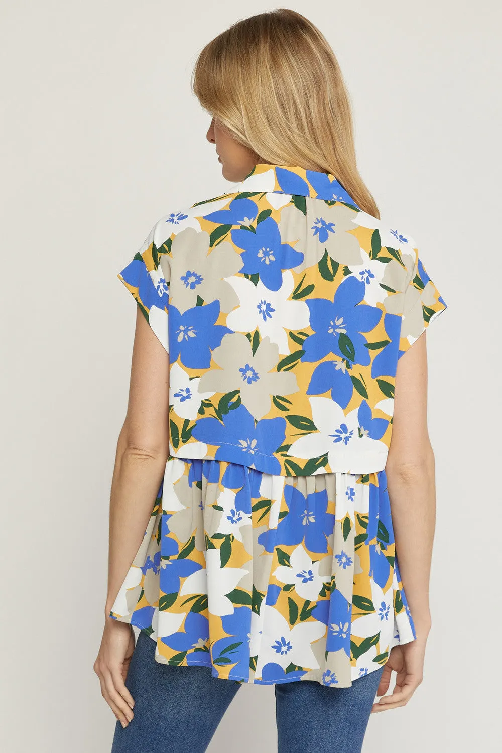 Floral Print V-Neck Top, Blue