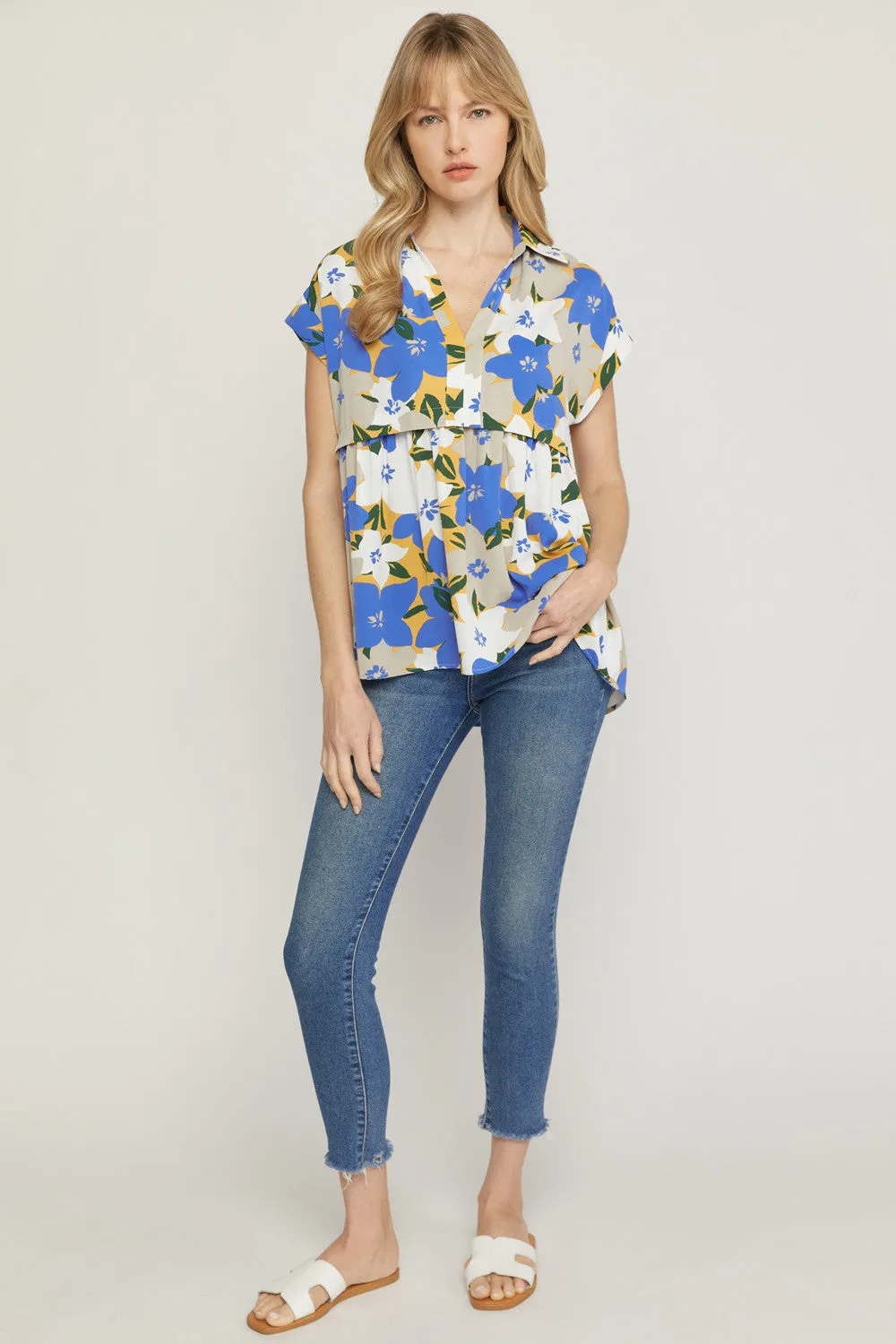 Floral Print V-Neck Top, Blue