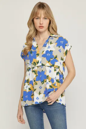 Floral Print V-Neck Top, Blue