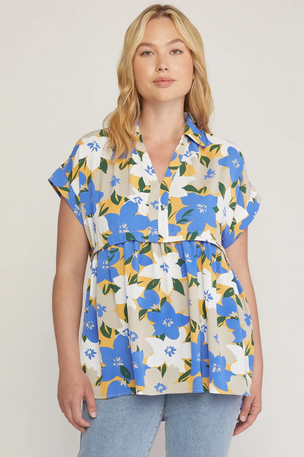 Floral Print V-Neck Top, Blue