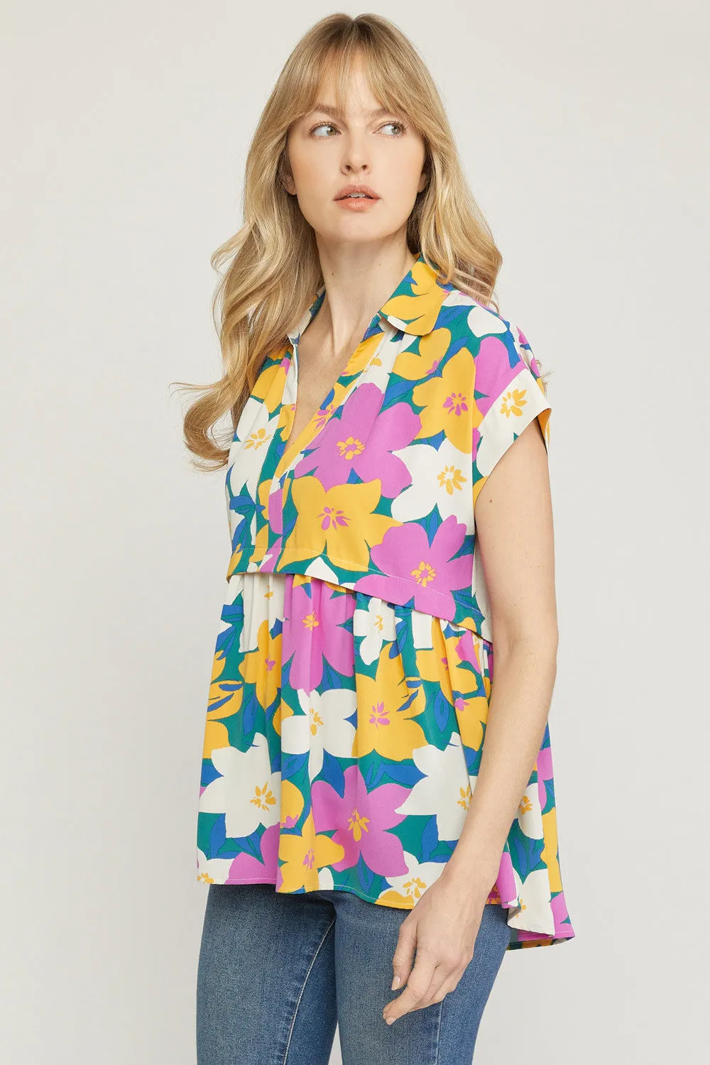 Floral Print V-Neck Top, Orchid