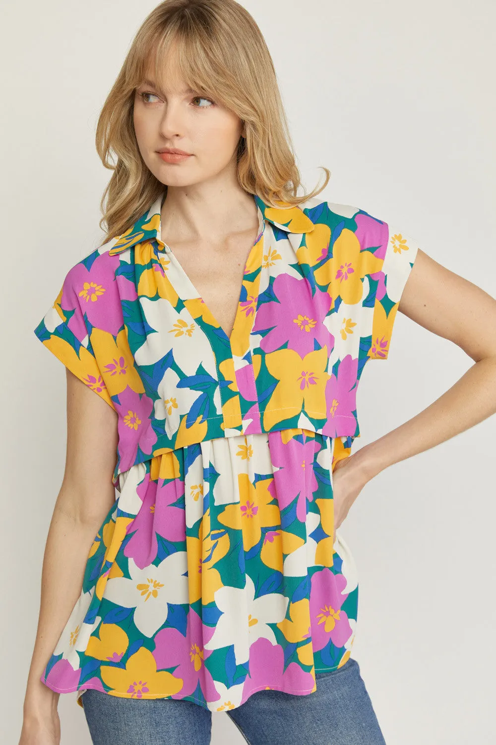 Floral Print V-Neck Top, Orchid