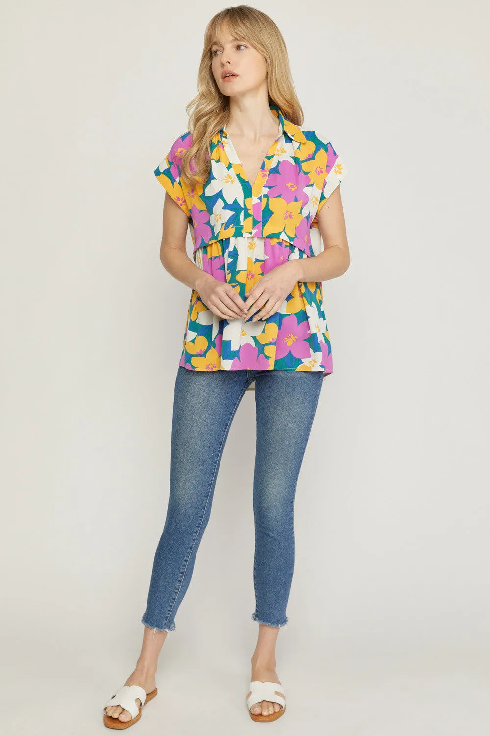 Floral Print V-Neck Top, Orchid