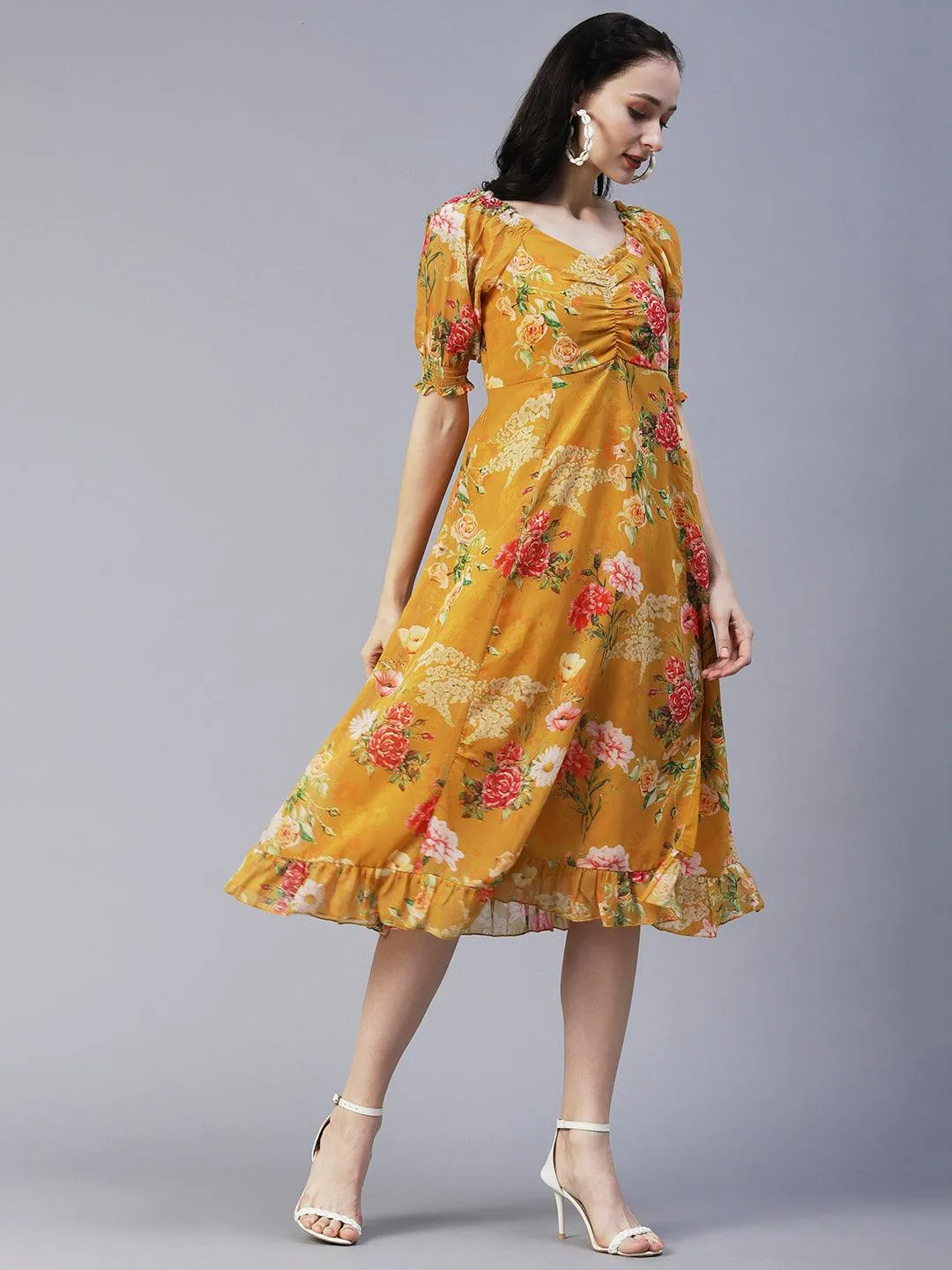 Floral Printed A-Line Flared Midi Dress - Mustard