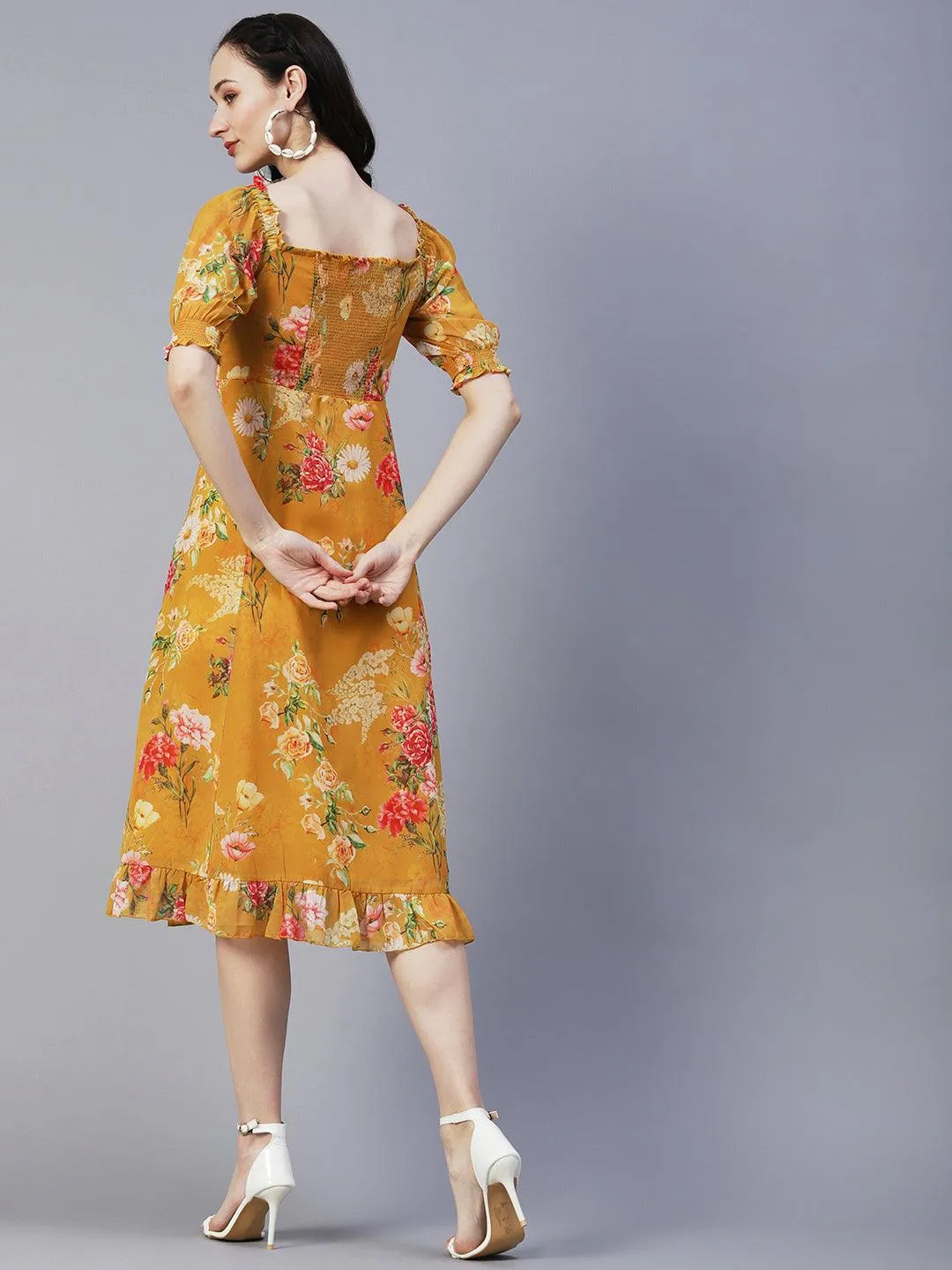 Floral Printed A-Line Flared Midi Dress - Mustard