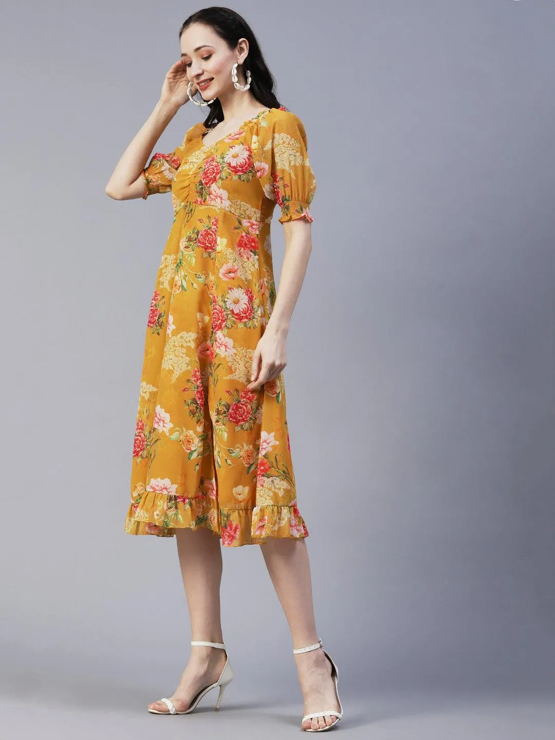 Floral Printed A-Line Flared Midi Dress - Mustard