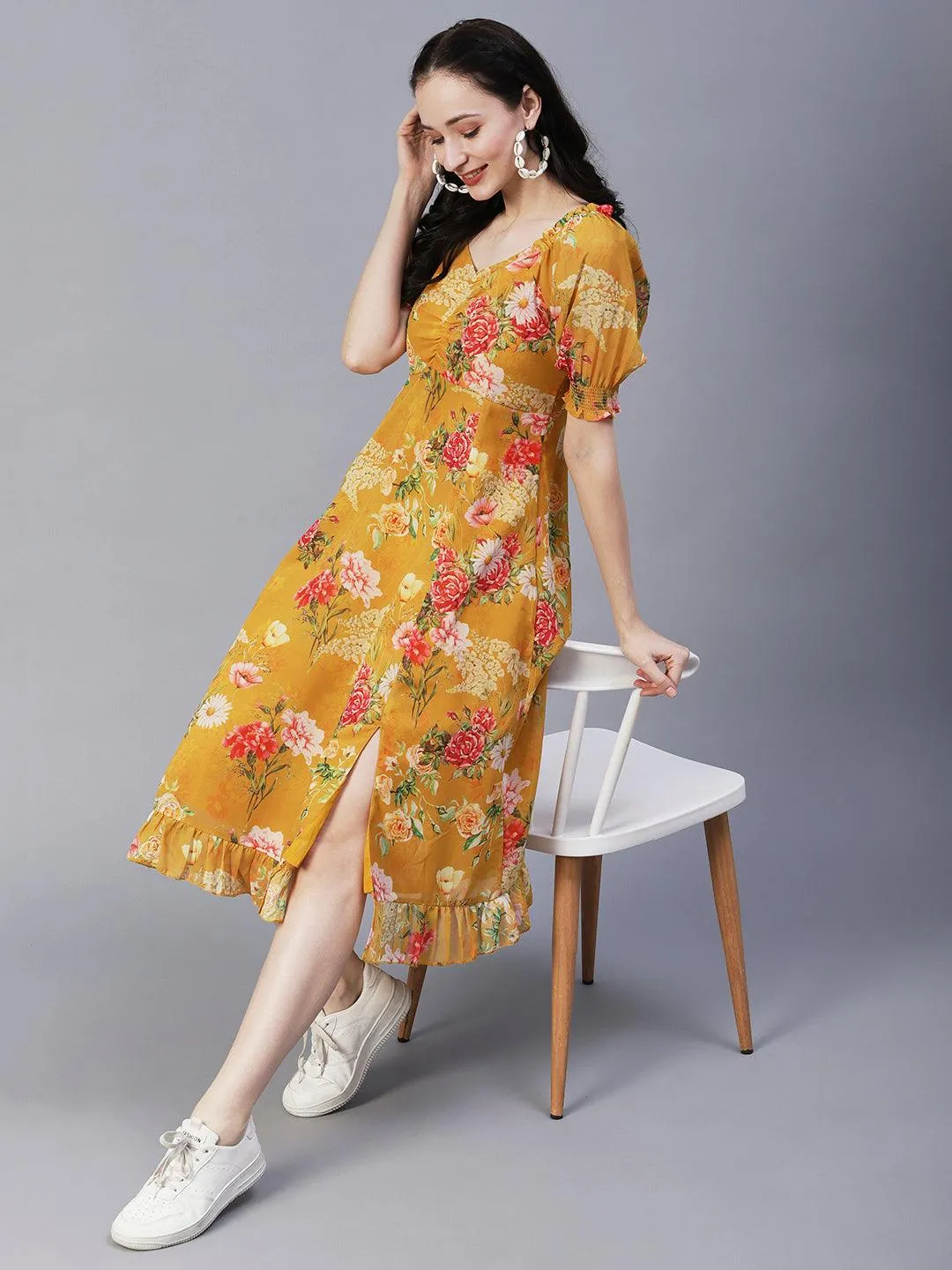 Floral Printed A-Line Flared Midi Dress - Mustard