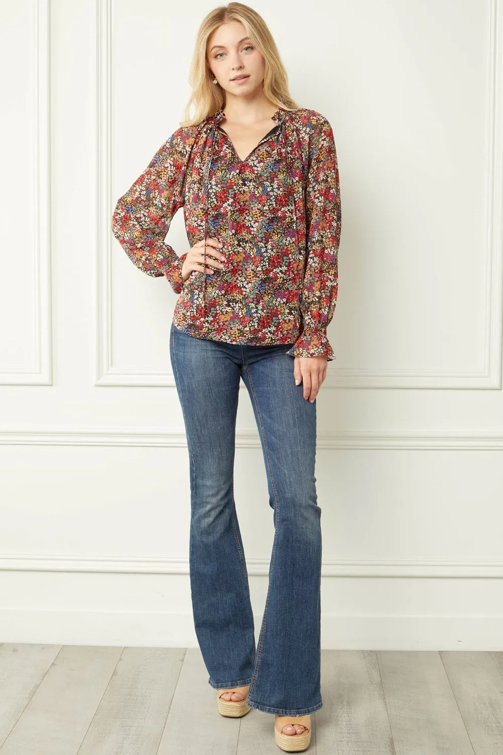 Floral V-Neck Top, Black