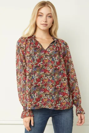 Floral V-Neck Top, Black