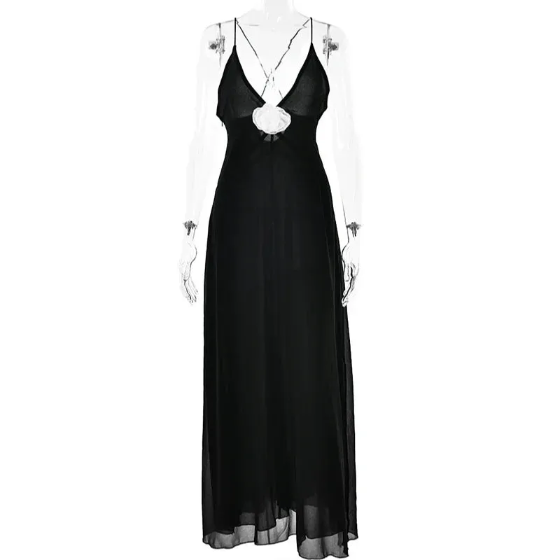 Flower Spaghetti Strap V-neck Backless Sleeveless Maxi Dress Summer 2024 Ladies New