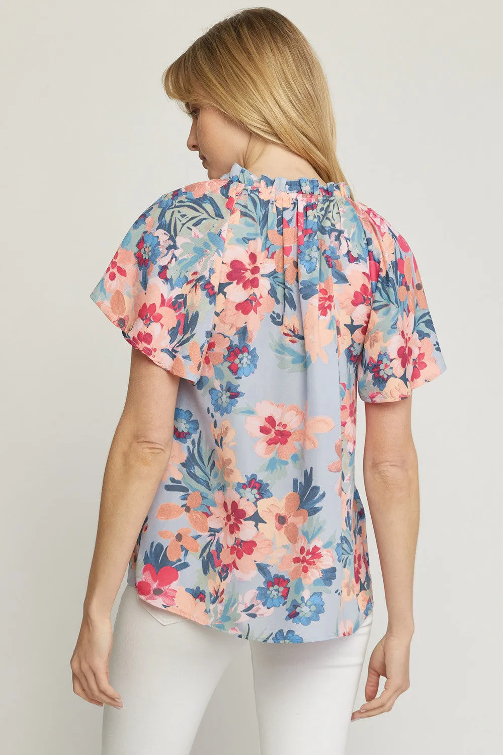 Flutter Sleeve Floral Top, Blue