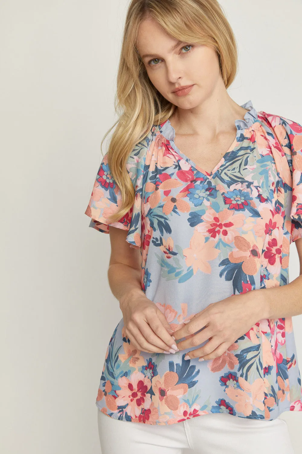 Flutter Sleeve Floral Top, Blue