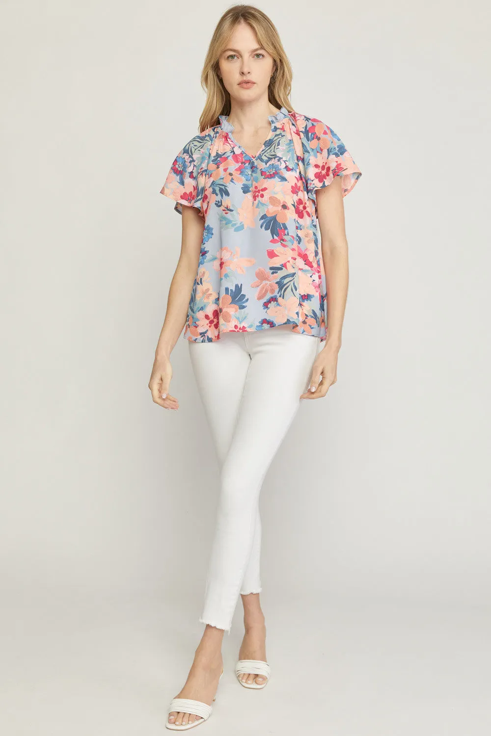 Flutter Sleeve Floral Top, Blue