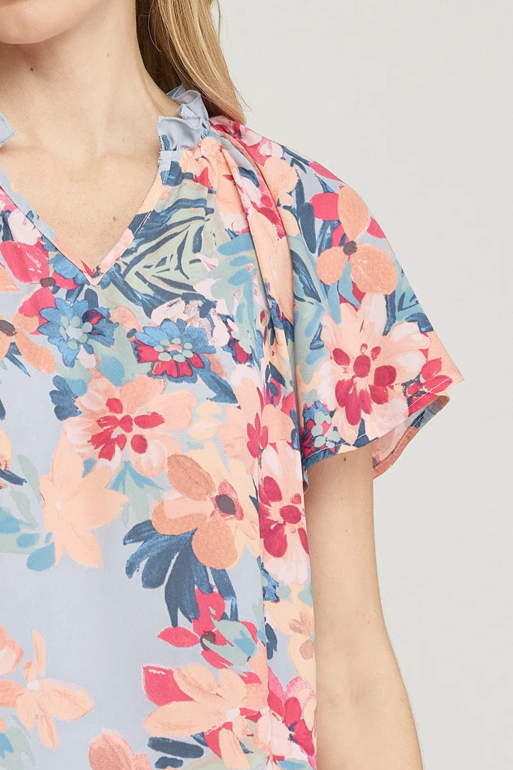 Flutter Sleeve Floral Top, Blue