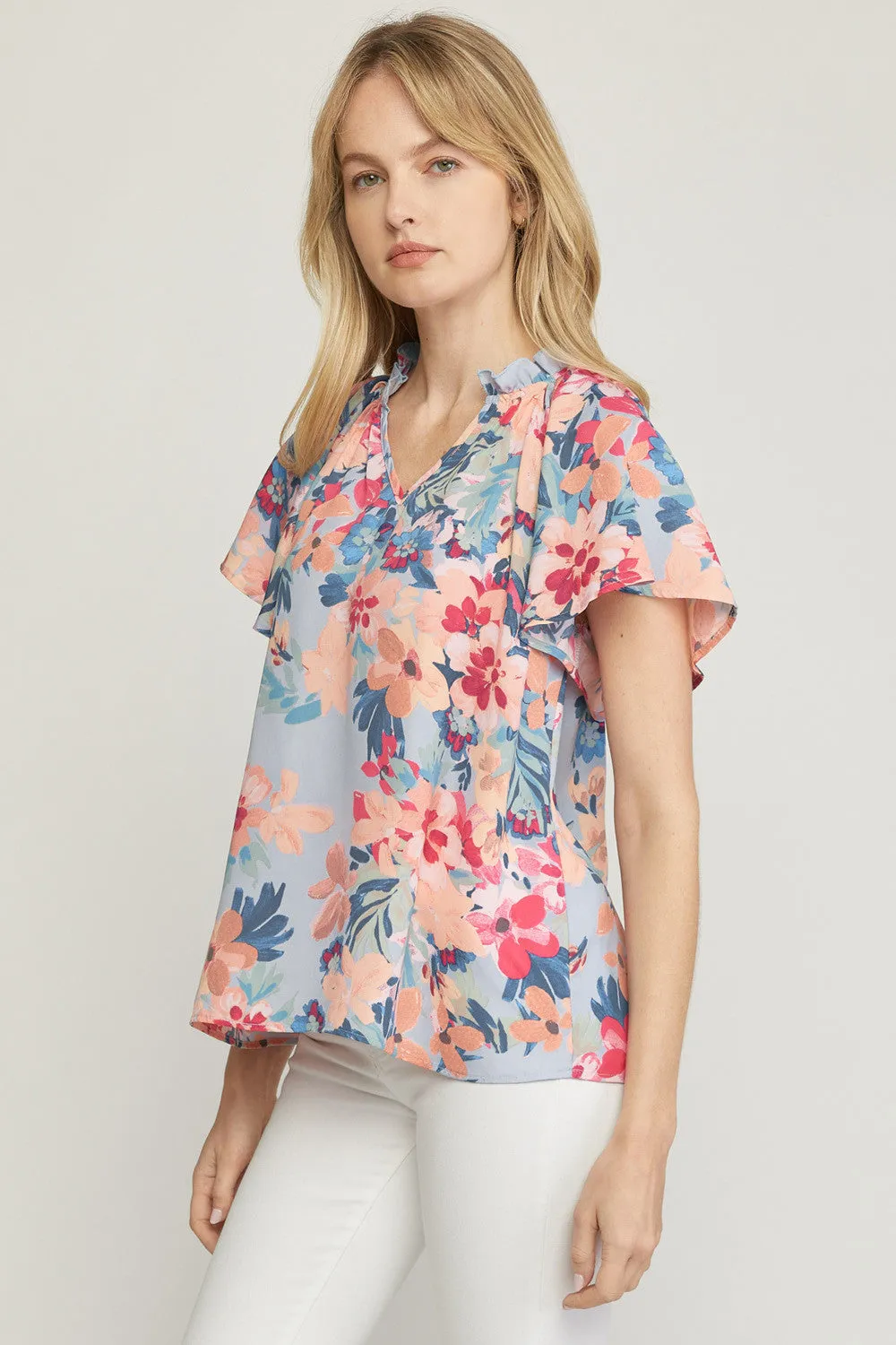 Flutter Sleeve Floral Top, Blue