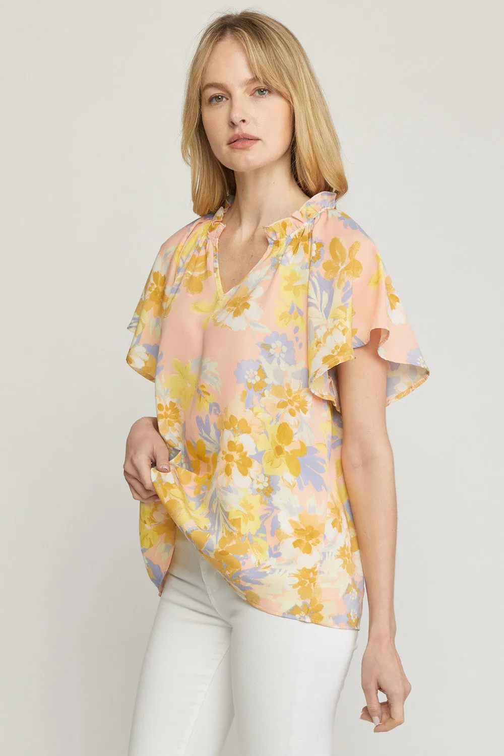 Flutter Sleeve Floral Top, Peach