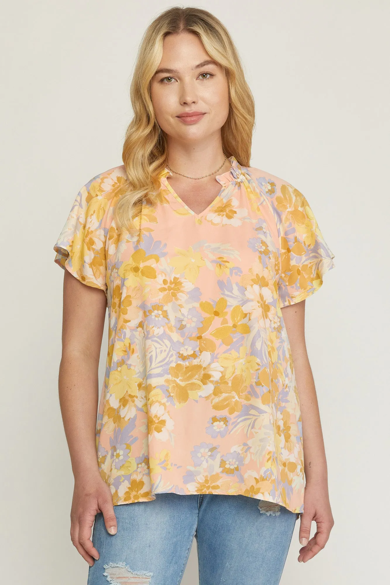 Flutter Sleeve Floral Top, Peach