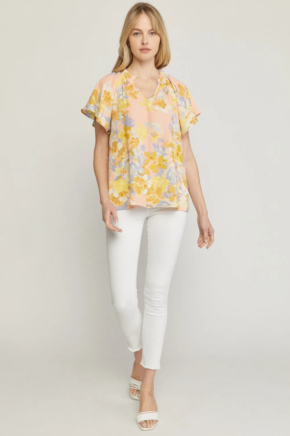 Flutter Sleeve Floral Top, Peach